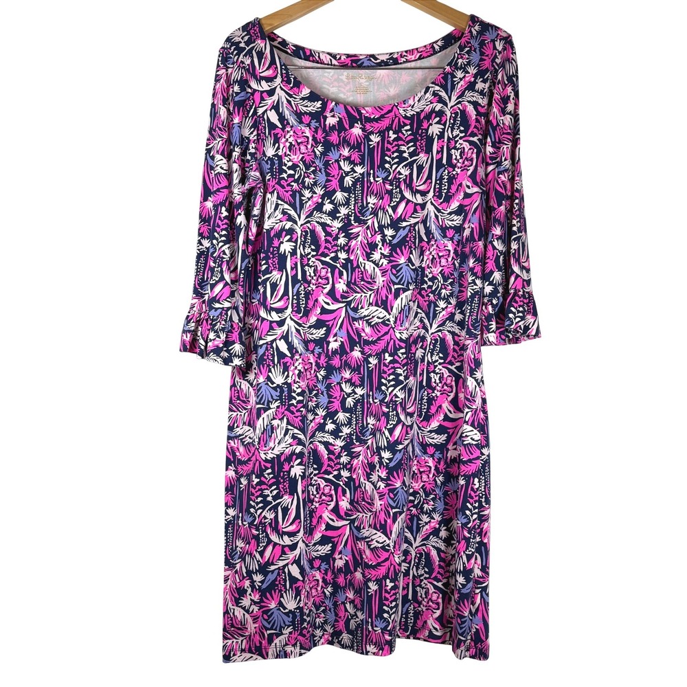Lilly Pulitzer Hollee Dress Womens Large Navy Pink Tropical Palm Ruffle Sleeve